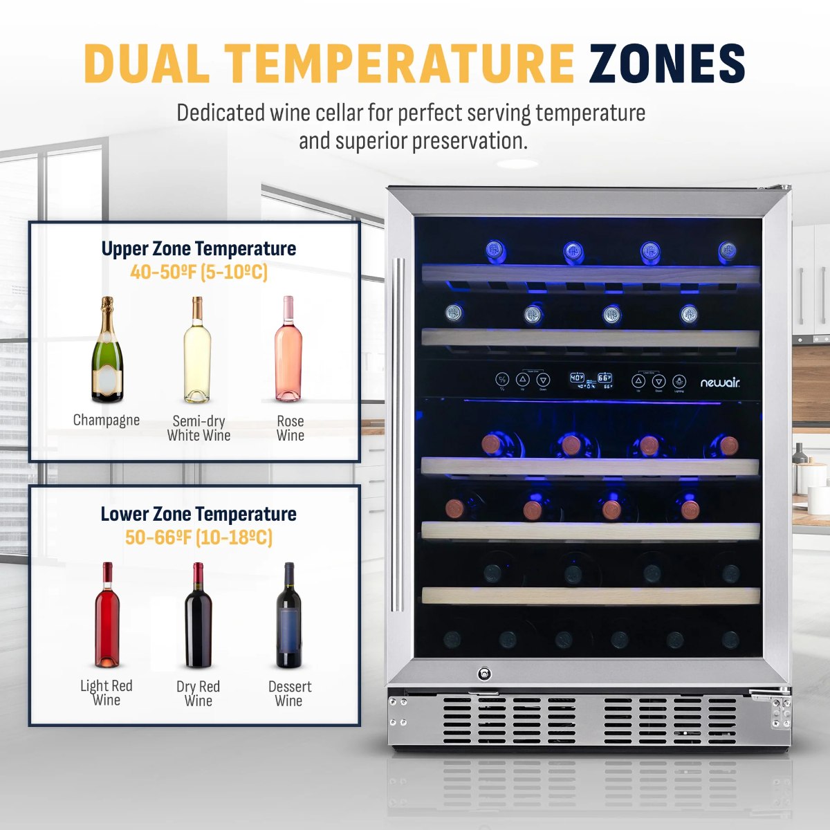 Newair Premium 46 Bottle Built-In Wine Fridge – 23.5" Stainless Steel - Dual Temperature Zones Upper Zone and Lower Zone