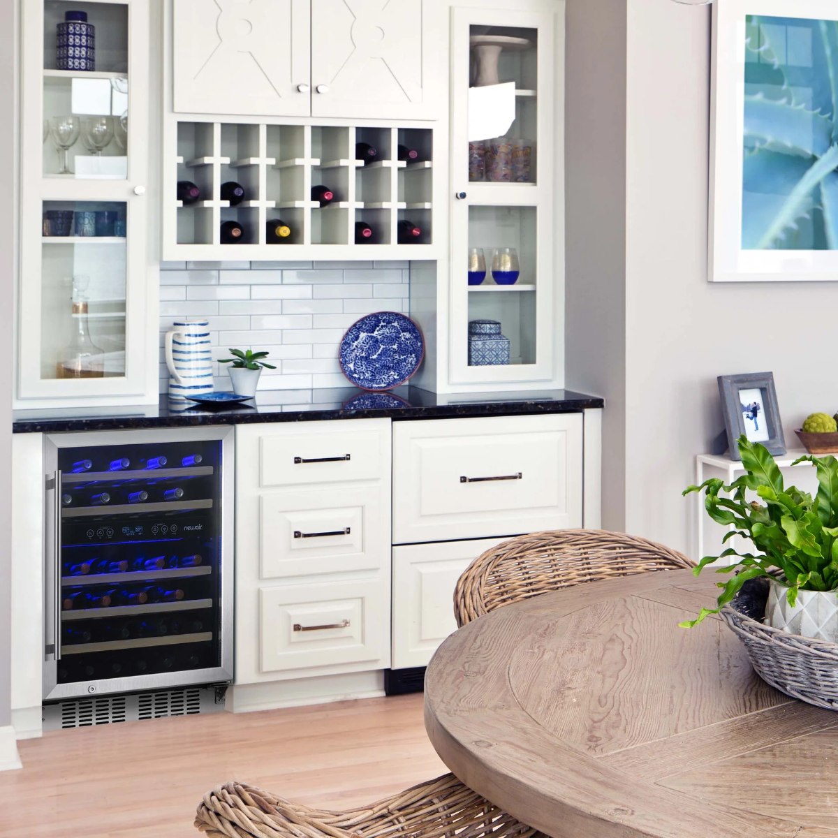 Newair Premium 46 Bottle Built-In Wine Fridge – 23.5" Stainless Steel - Fridge in a White Kitchen Cabinetry