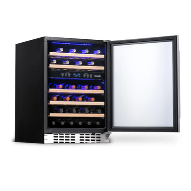 Newair Premium 46 Bottle Built-In Wine Fridge – 23.5" Stainless Steel - Front Left View - Loaded Fridge - Open Door