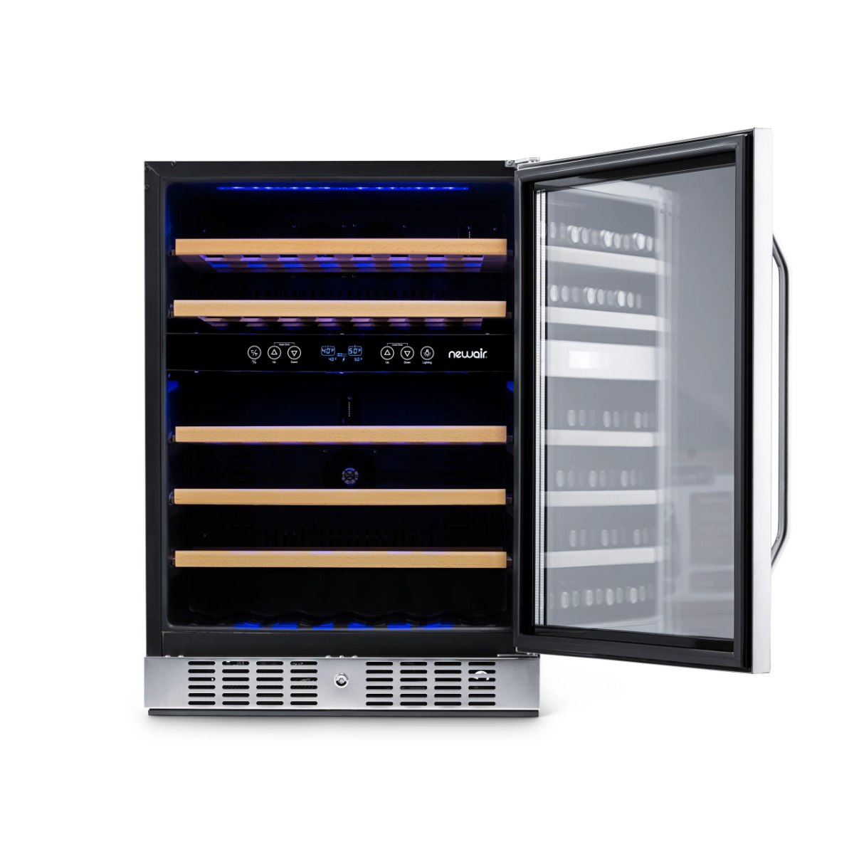 Newair Premium 46 Bottle Built-In Wine Fridge – 23.5" Stainless Steel - Front View - Empty Fridge - Open Door