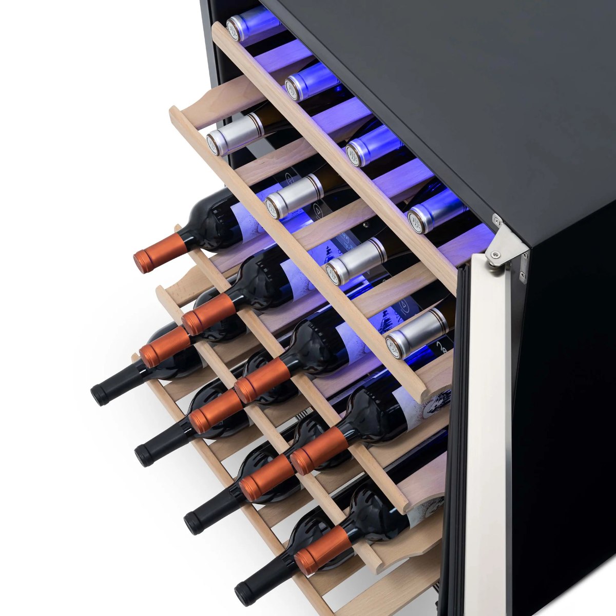 Newair Premium 46 Bottle Built-In Wine Fridge – 23.5" Stainless Steel - Top View of the fridge with Wines Shown