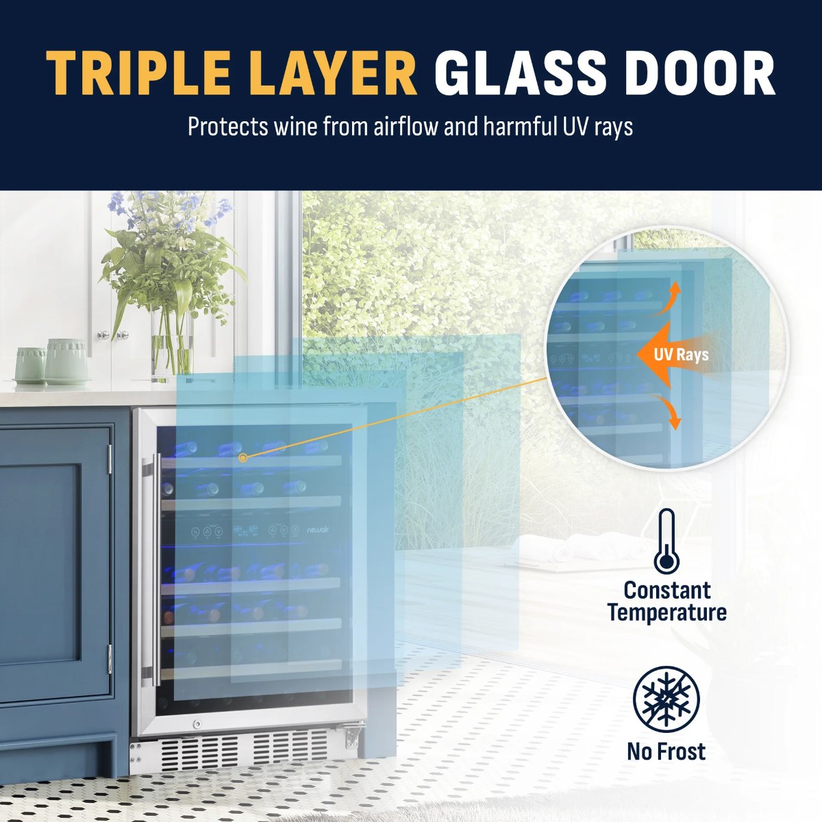 Newair Premium 46 Bottle Built-In Wine Fridge – 23.5" Stainless Steel - Triple Layer Glass Door - Protects from UV Rays