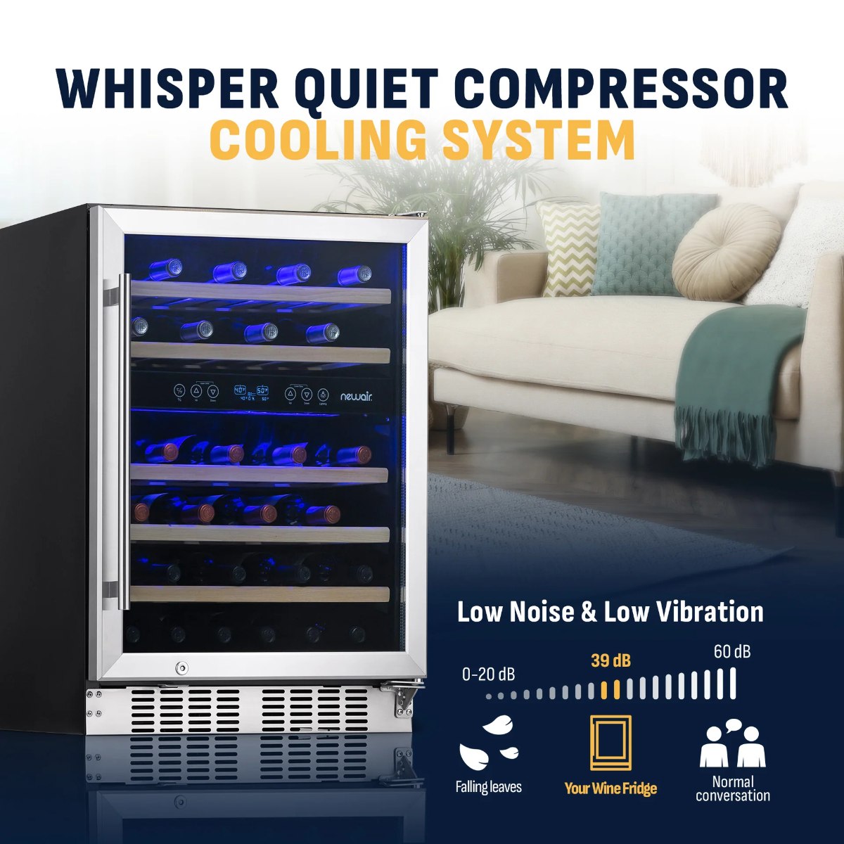 Newair Premium 46 Bottle Built-In Wine Fridge – 23.5" Stainless Steel - Whisper Quiet Compressor Cooling System