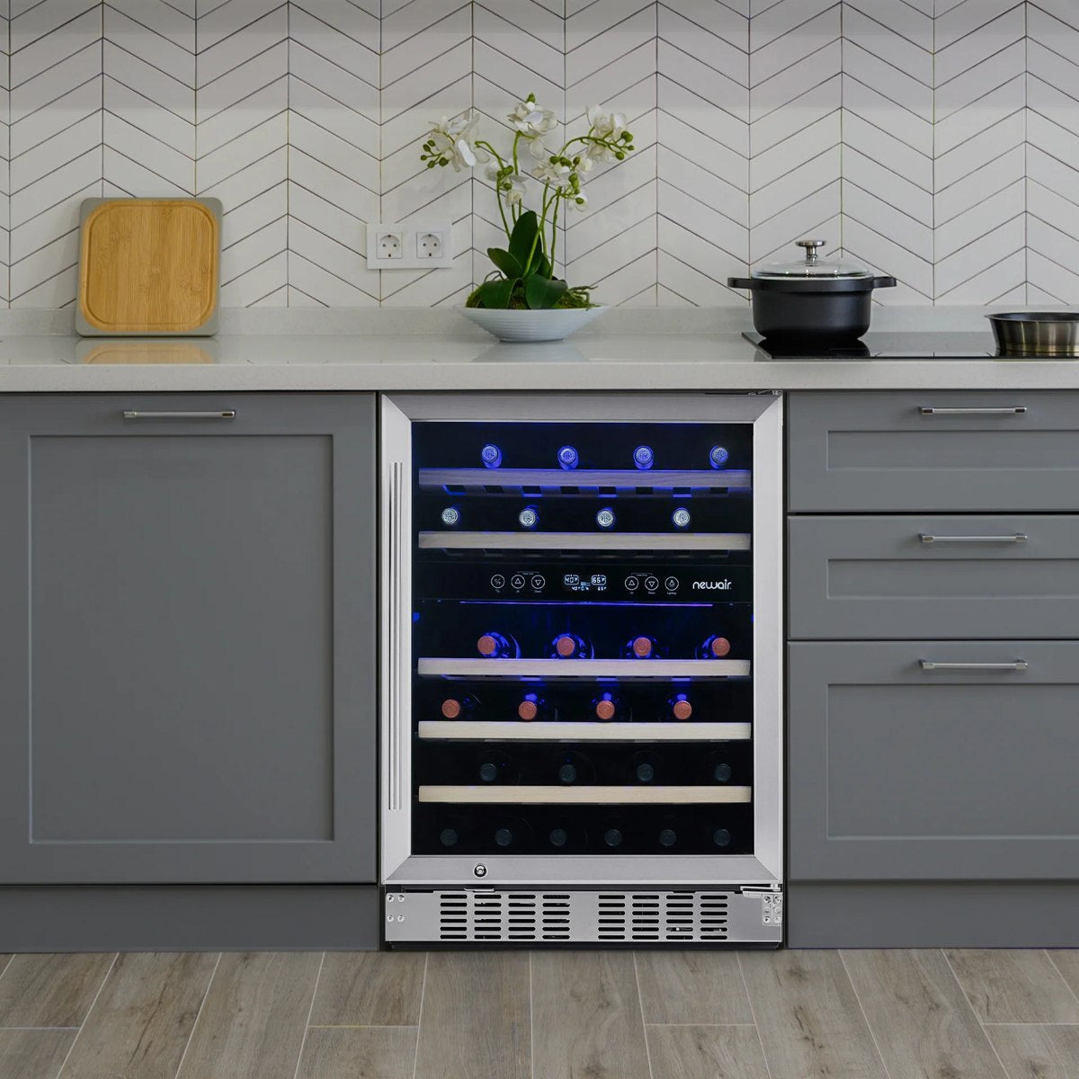 Newair Premium 46 Bottle Built-In Wine Fridge – 23.5" Stainless Steel - fridge with stainless steel frame in modern kitchen