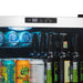 Newair SplitShelf 160-Can Freestanding Stainless Steel Beverage Fridge - Close up view of the thermostat and beverages