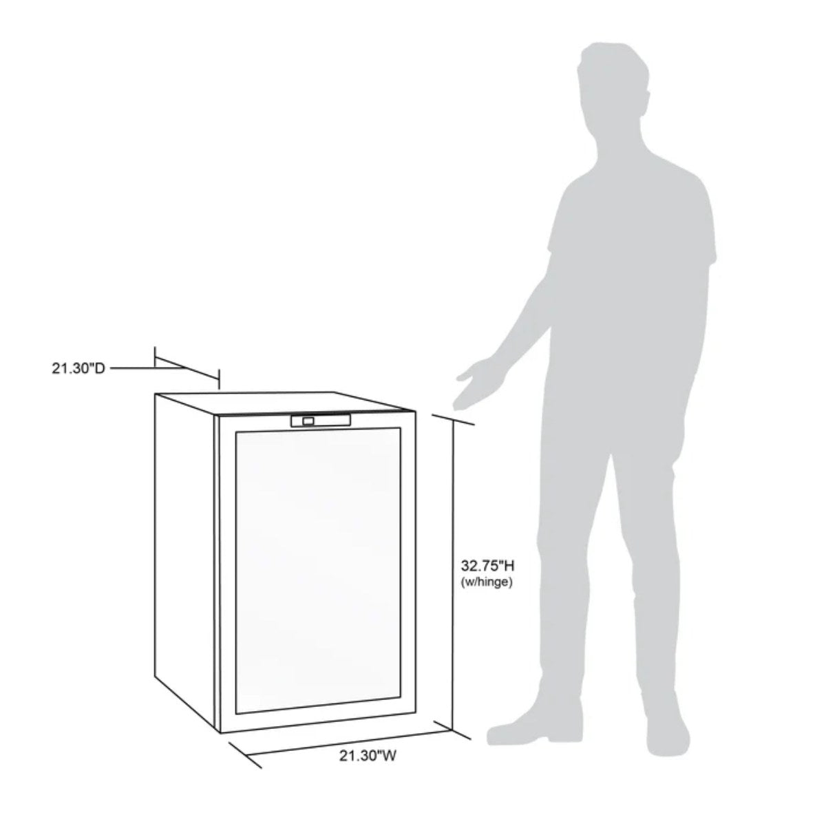 Newair SplitShelf 160-Can Freestanding Stainless Steel Beverage Fridge - Dimensions of the fridge with comparison of a human height