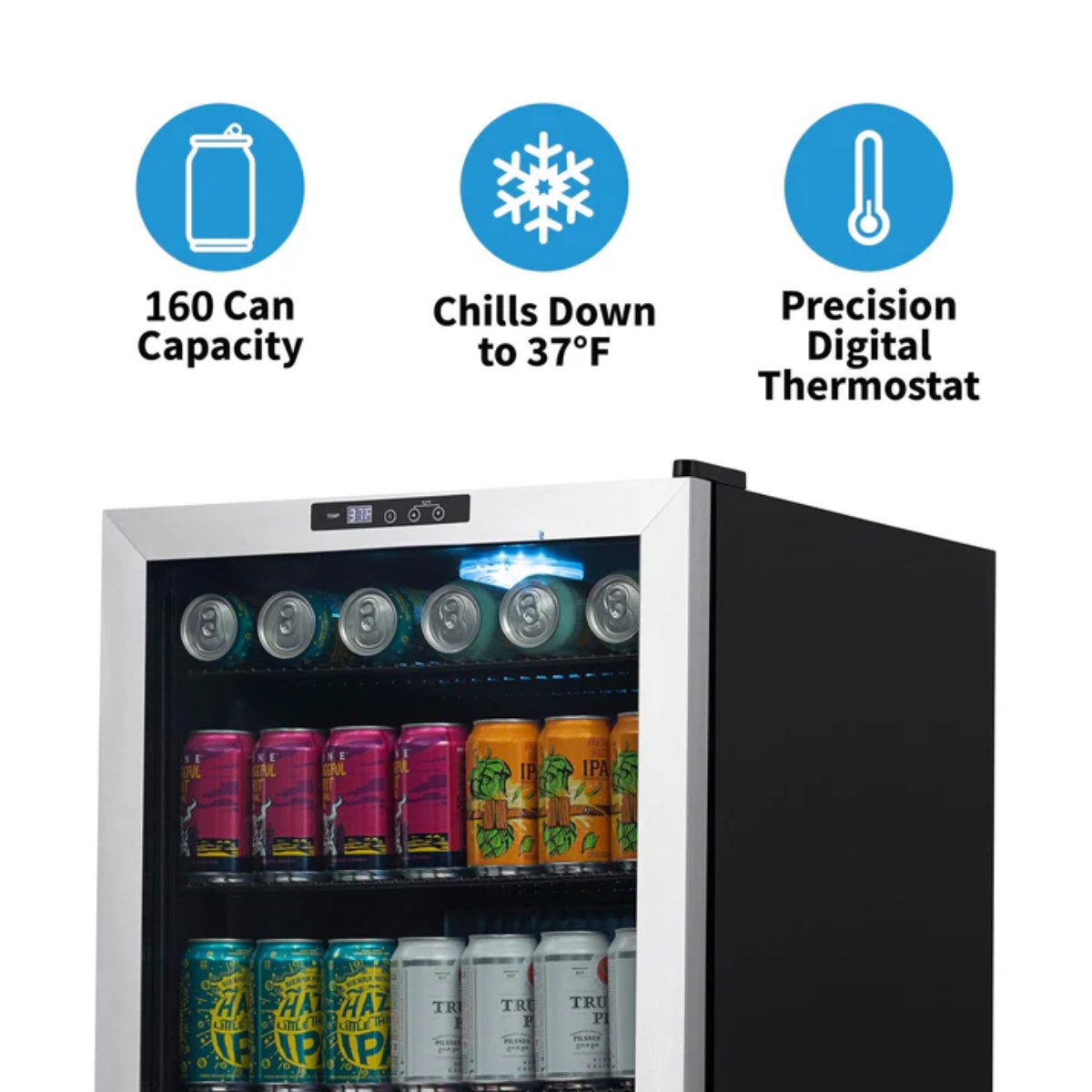 Newair SplitShelf 160-Can Freestanding Stainless Steel Beverage Fridge - Features of the Fridge shown