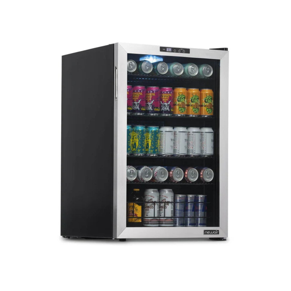 Newair SplitShelf 160-Can Freestanding Stainless Steel Beverage Fridge - Front left view loaded inside closed door