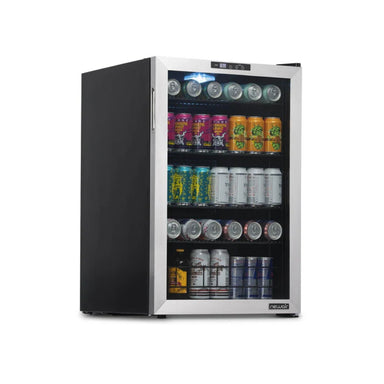 Newair SplitShelf 160-Can Freestanding Stainless Steel Beverage Fridge - Front left view loaded inside closed door
