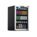 Newair SplitShelf 160-Can Freestanding Stainless Steel Beverage Fridge - Front left view loaded inside closed door