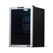 Newair SplitShelf 160-Can Freestanding Stainless Steel Beverage Fridge - Front right view empty inside closed door