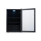 Newair SplitShelf 160-Can Freestanding Stainless Steel Beverage Fridge - Front view empty inside open door