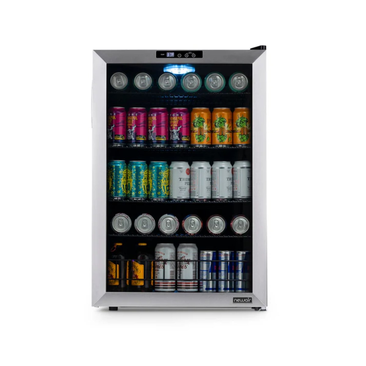 Newair SplitShelf 160-Can Freestanding Stainless Steel Beverage Fridge - Front view loaded inside closed door