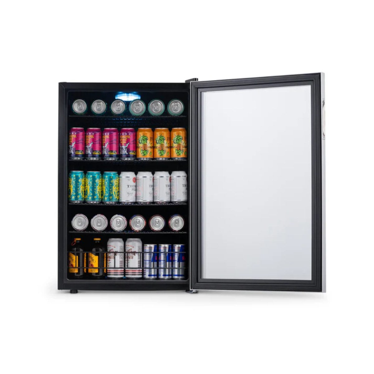 Newair SplitShelf 160-Can Freestanding Stainless Steel Beverage Fridge - Front view loaded inside open door