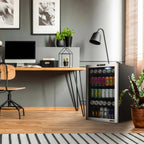 Newair SplitShelf 160-Can Freestanding Stainless Steel Beverage Fridge - Modern home office with a beverage fridge beside the desk