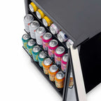 Newair SplitShelf 160-Can Freestanding Stainless Steel Beverage Fridge - Top view showing the shelves with beverage cans