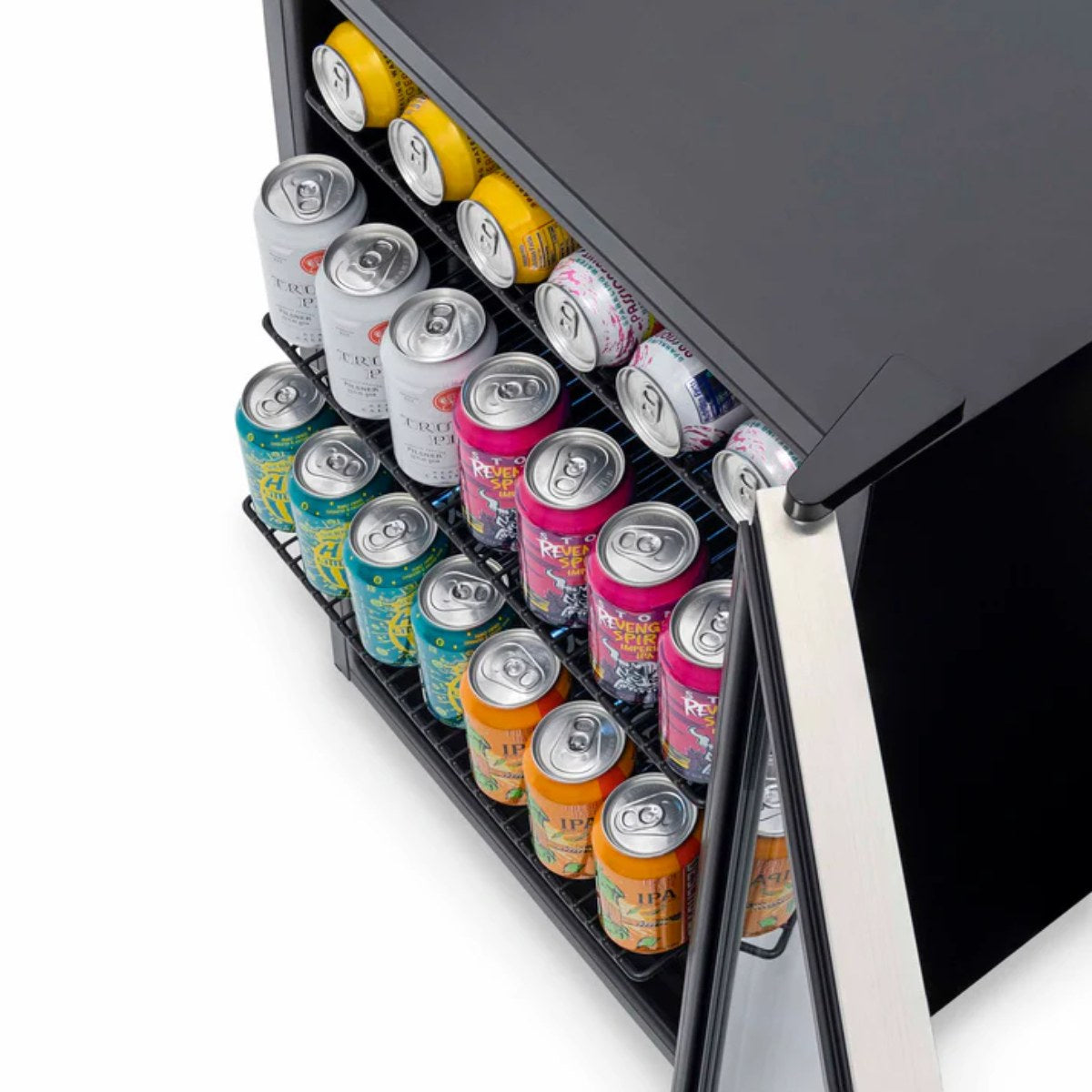 Newair SplitShelf 160-Can Freestanding Stainless Steel Beverage Fridge - Top view showing the shelves with beverage cans