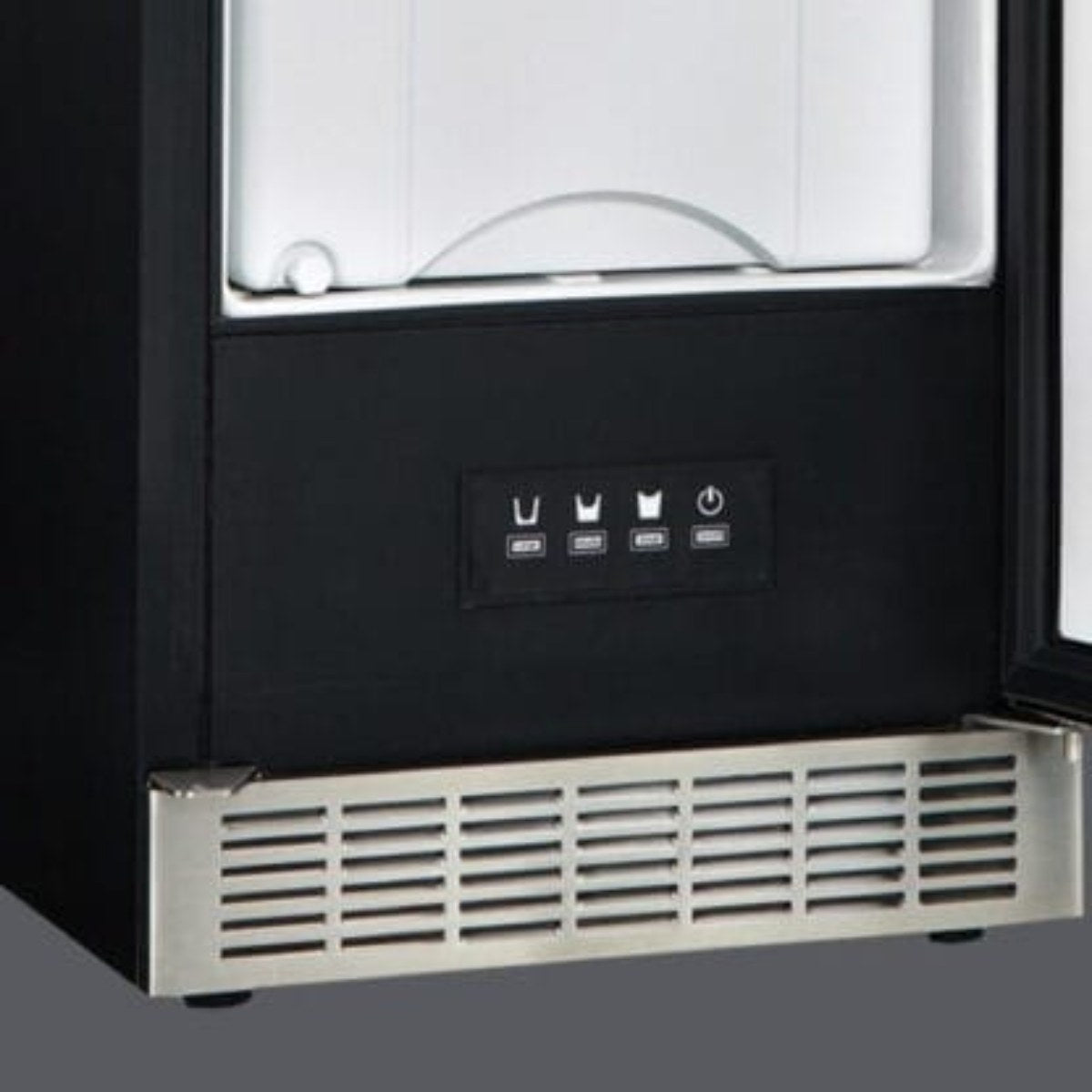 Silhouette 15″ Built-in Under Counter Ice Maker in Stainless Steel - close up view of the control at the bottom