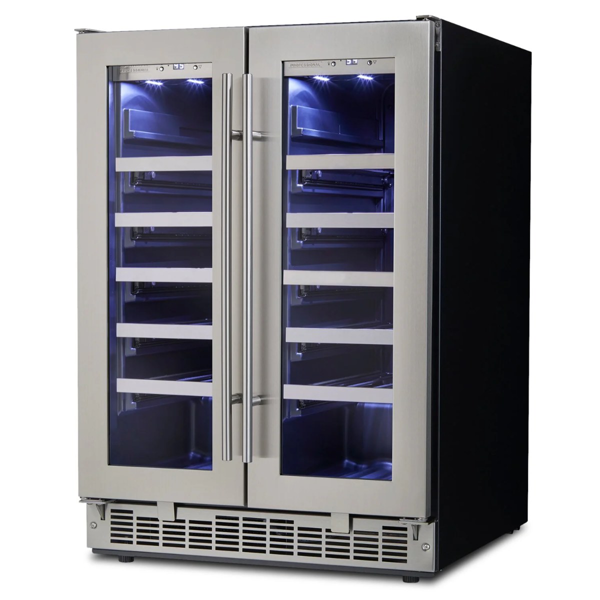 Silhouette Napa 24” French Door Dual Zone 42-Bottle Wine Cooler - Front right view empty shelves closed door