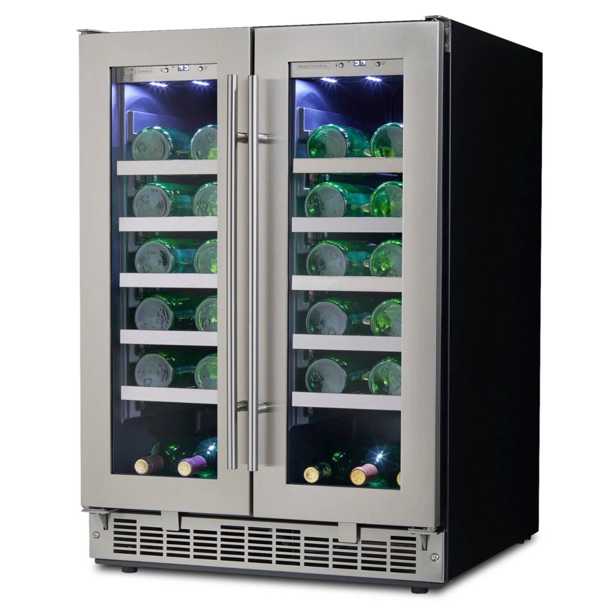 Silhouette Napa 24” French Door Dual Zone 42-Bottle Wine Cooler - Front right view loaded shelves closed door