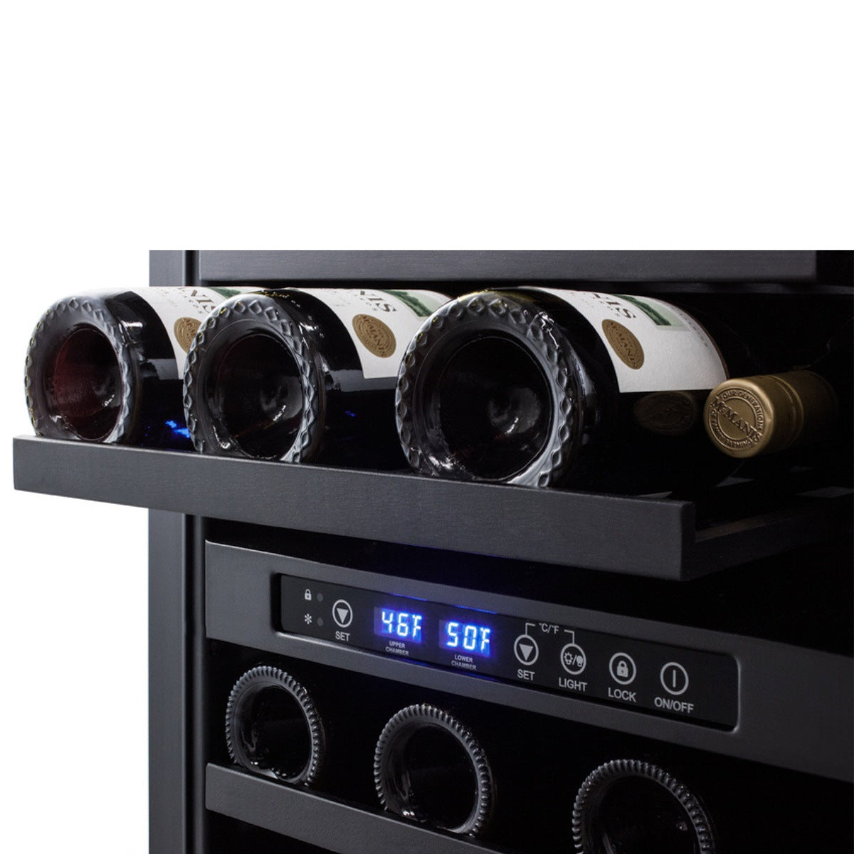 Summit 18″ ADA Compliant Dual Zone Built-In Wine Cooler – 28 Bottle - Close-up of wine bottles on shelf with dual-zone temperature display