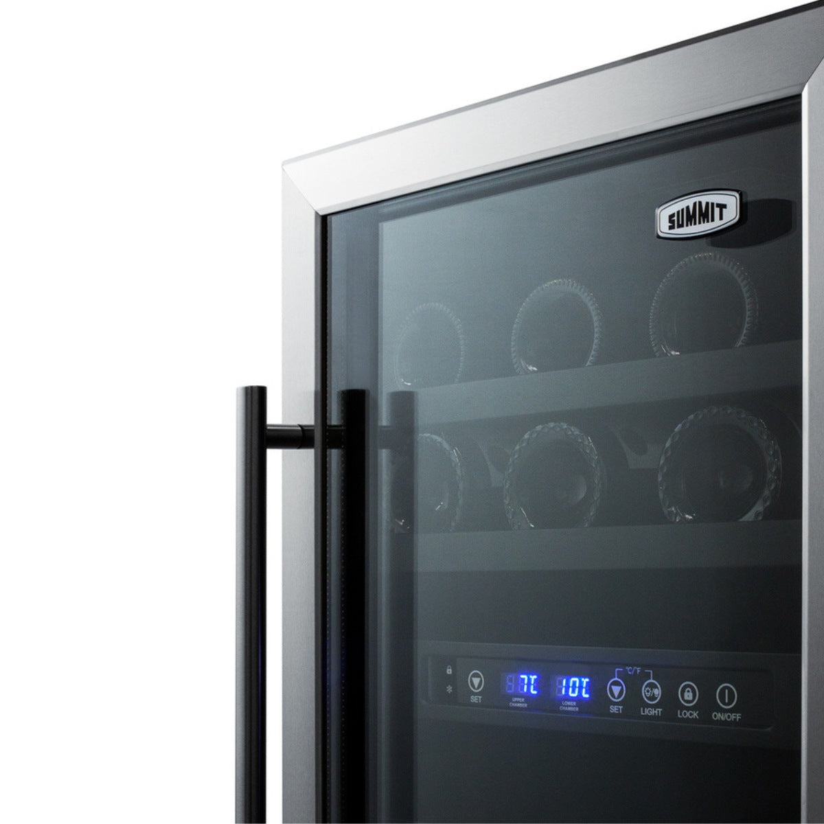 Summit 18″ ADA Compliant Dual Zone Built-In Wine Cooler – 28 Bottle - Close-up view of the door with digital display and handle