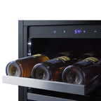 Summit 18″ Built-In Wine Cellar – 29 Bottle Under Counter Wine Cooler - Close-up of wine bottles on shelf with dual-zone temperature display