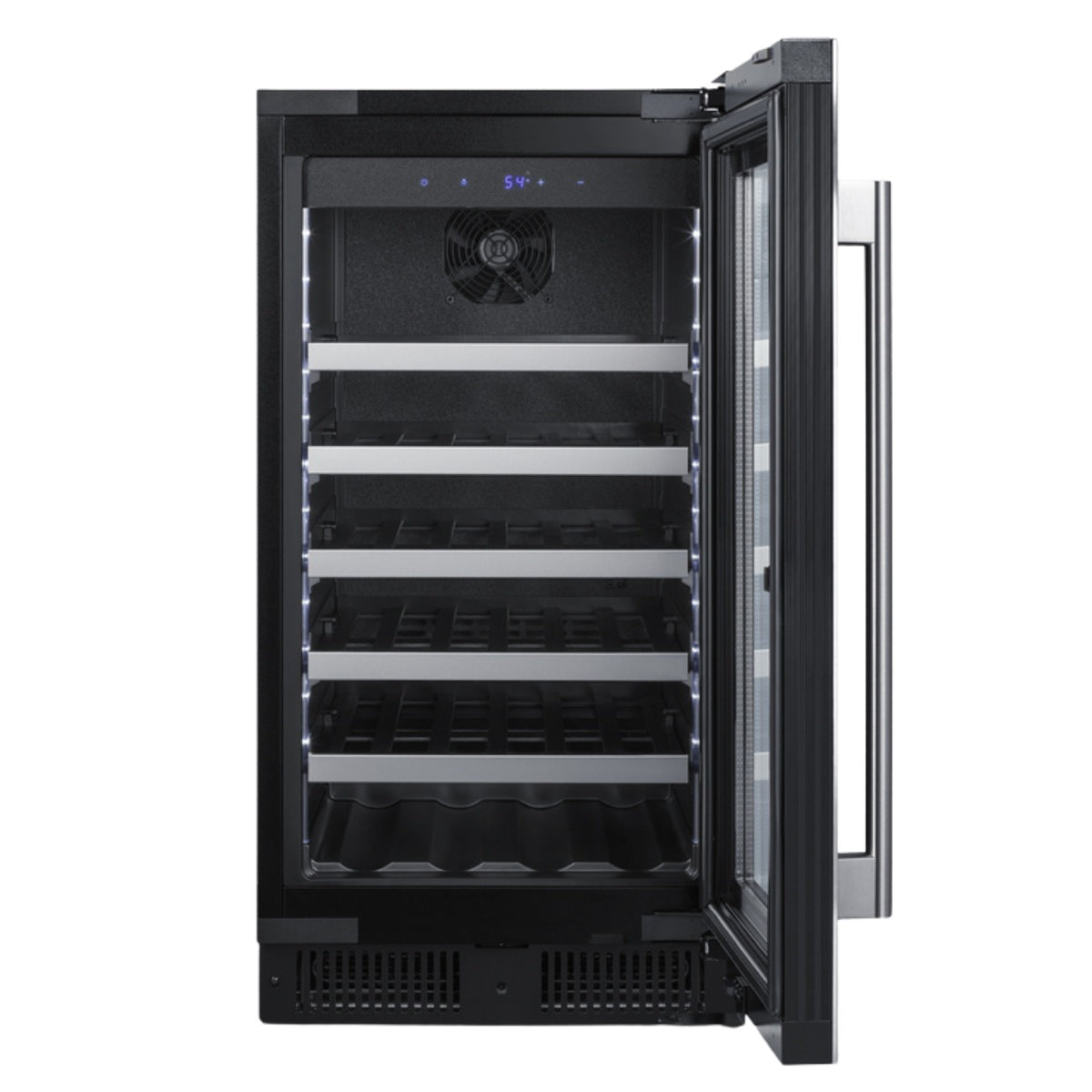 Summit 18″ Built-In Wine Cellar – 29 Bottle Under Counter Wine Cooler - Front View of the cooler open door empty inside