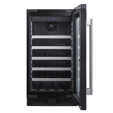 Summit 18″ Built-In Wine Cellar – 29 Bottle Under Counter Wine Cooler - Front View of the cooler open door empty inside