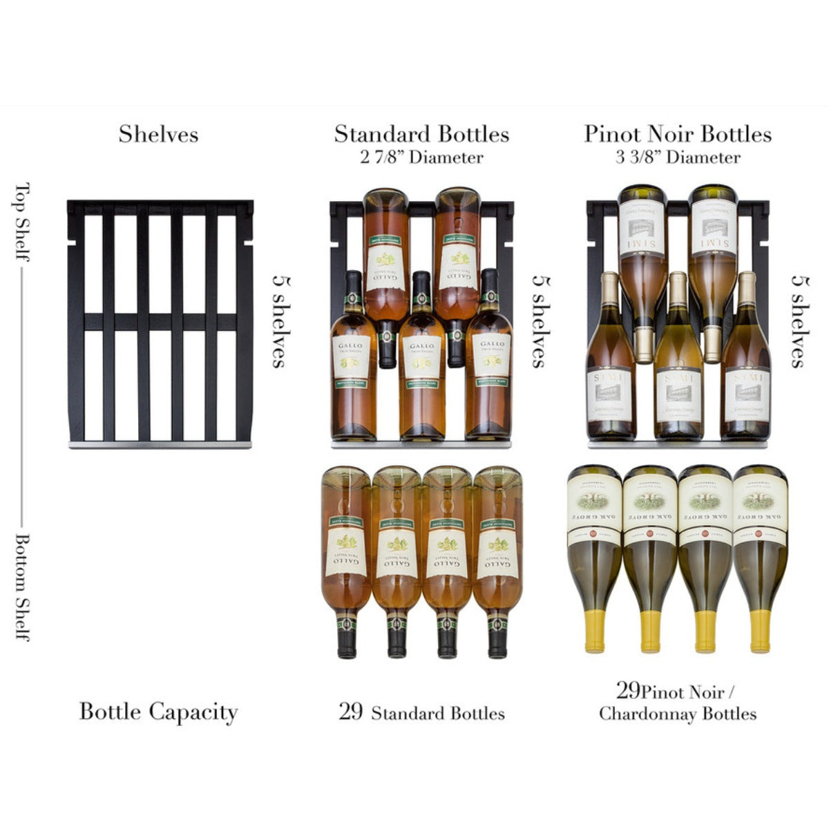 Summit 18″ Built-In Wine Cellar – 29 Bottle Under Counter Wine Cooler - shelf diagram showing bottle capacity for different bottle types
