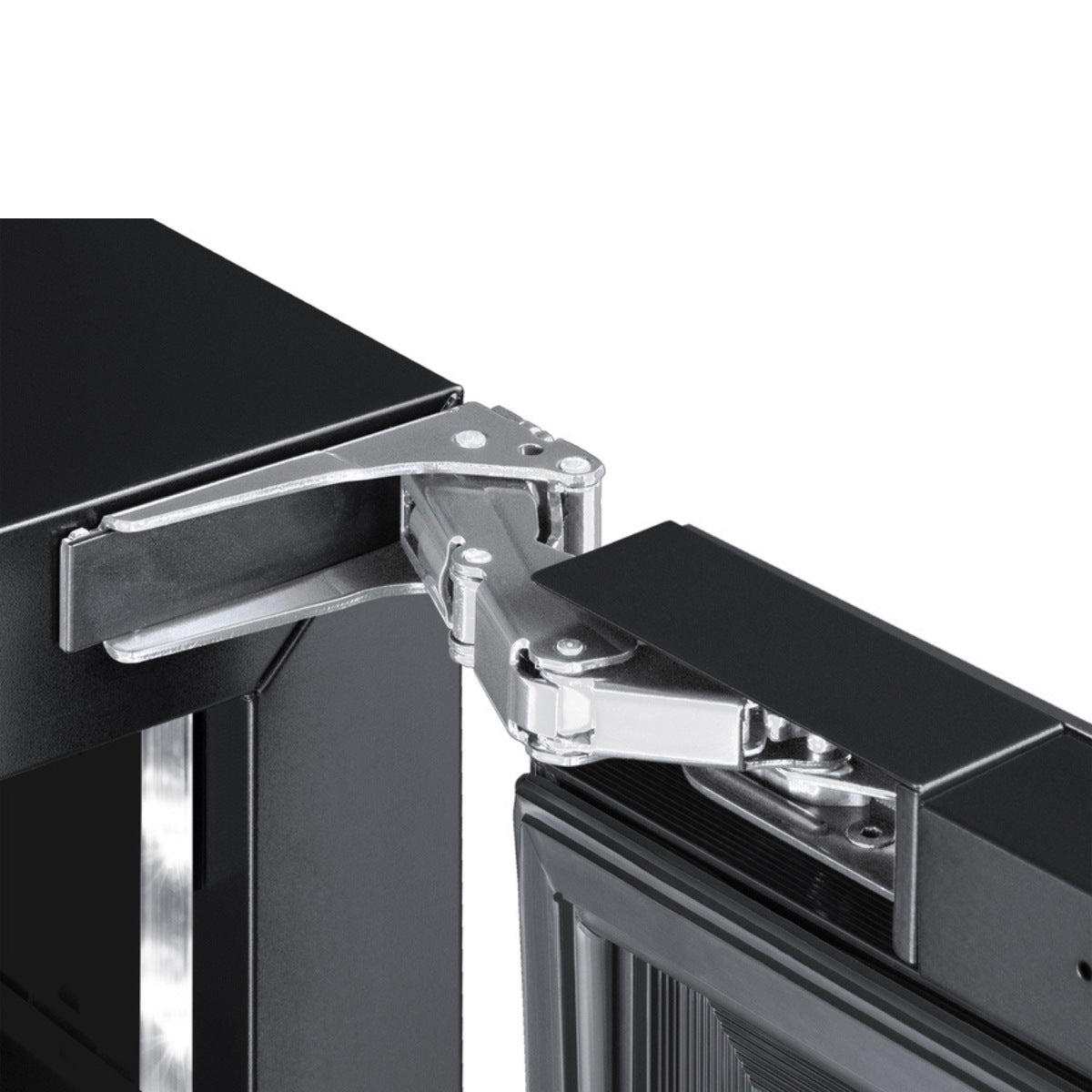 Summit 18″ Stainless Steel Built-In Wine Cellar – 29 Bottle - Close-up of wine cooler door hinge