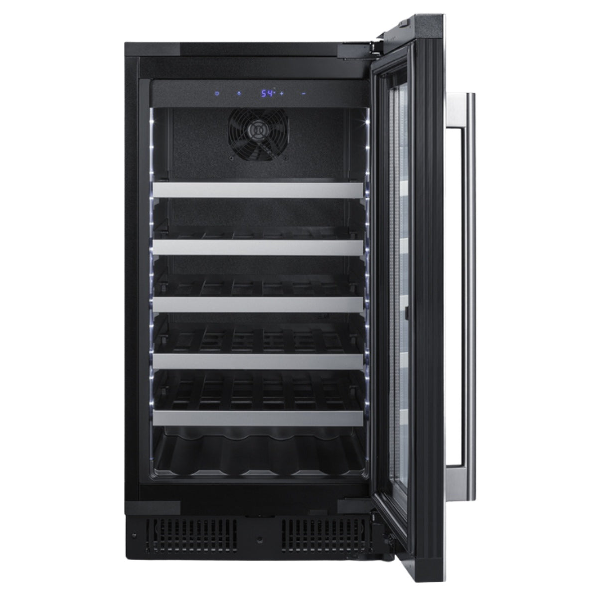 Summit 18″ Stainless Steel Built-In Wine Cellar – 29 Bottle - Front View Empty Shelves Open Door
