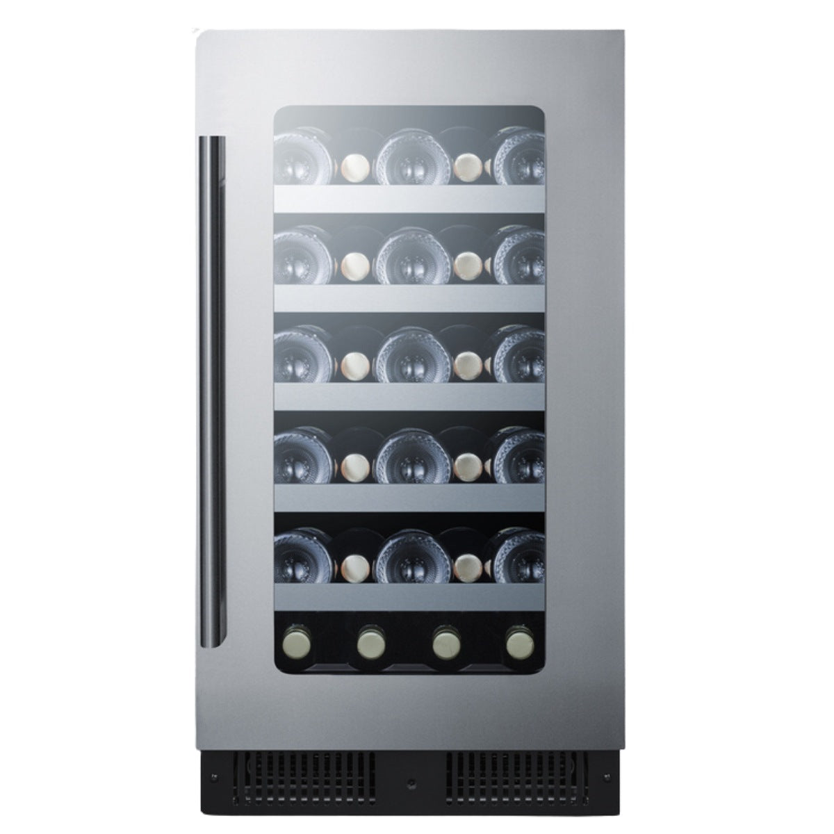 Summit 18″ Stainless Steel Built-In Wine Cellar – 29 Bottle - Front View Loaded Shelves Closed Door