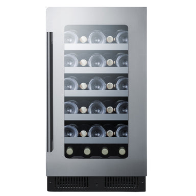 Summit 18″ Stainless Steel Built-In Wine Cellar – 29 Bottle - Front View Loaded Shelves Closed Door