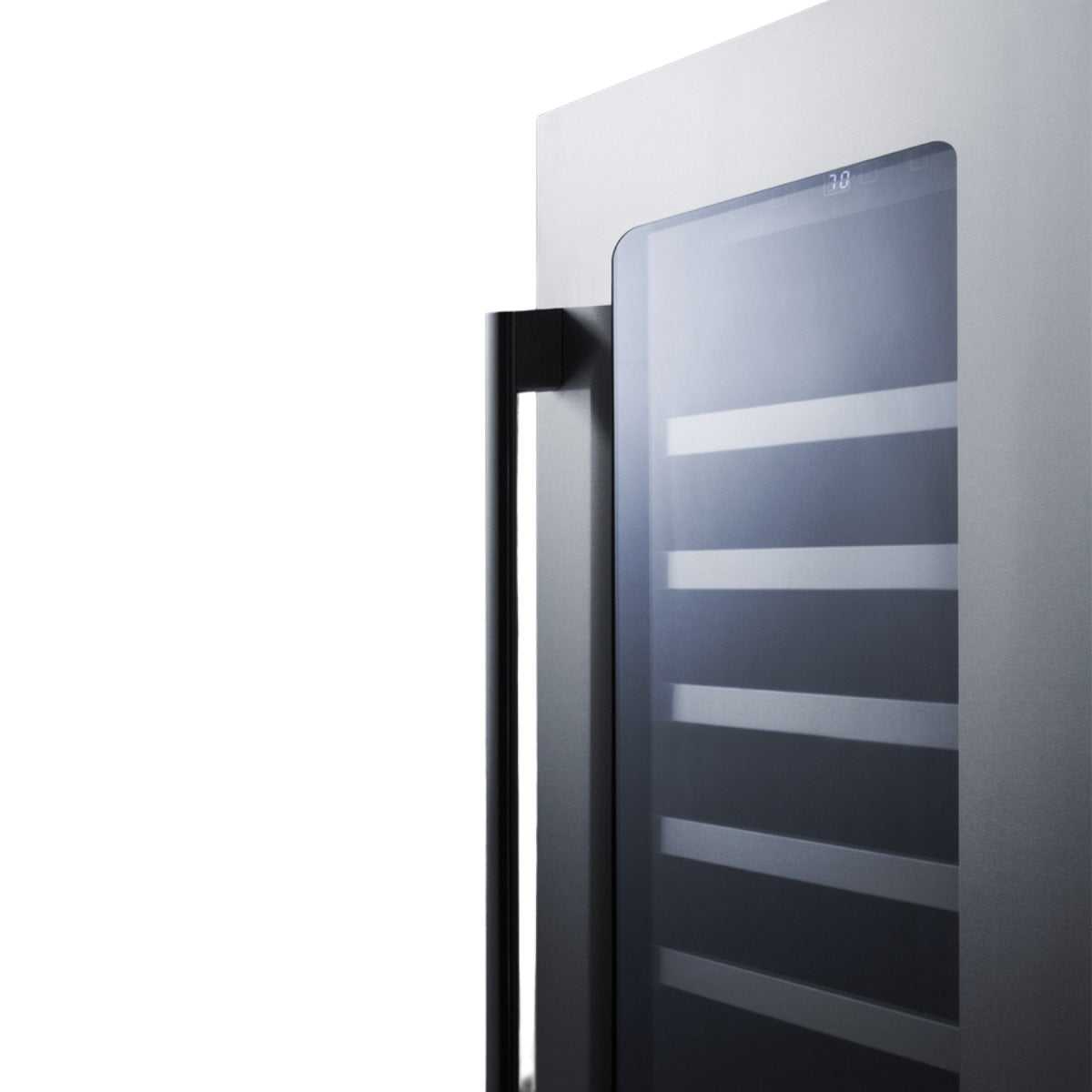 Summit 18″ Stainless Steel Built-In Wine Cellar – 29 Bottle - Side View Empty Shelves Closed Door