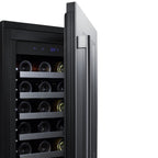 Summit 18″ Stainless Steel Built-In Wine Cellar – 29 Bottle - Side View Loaded Shelves Open Door