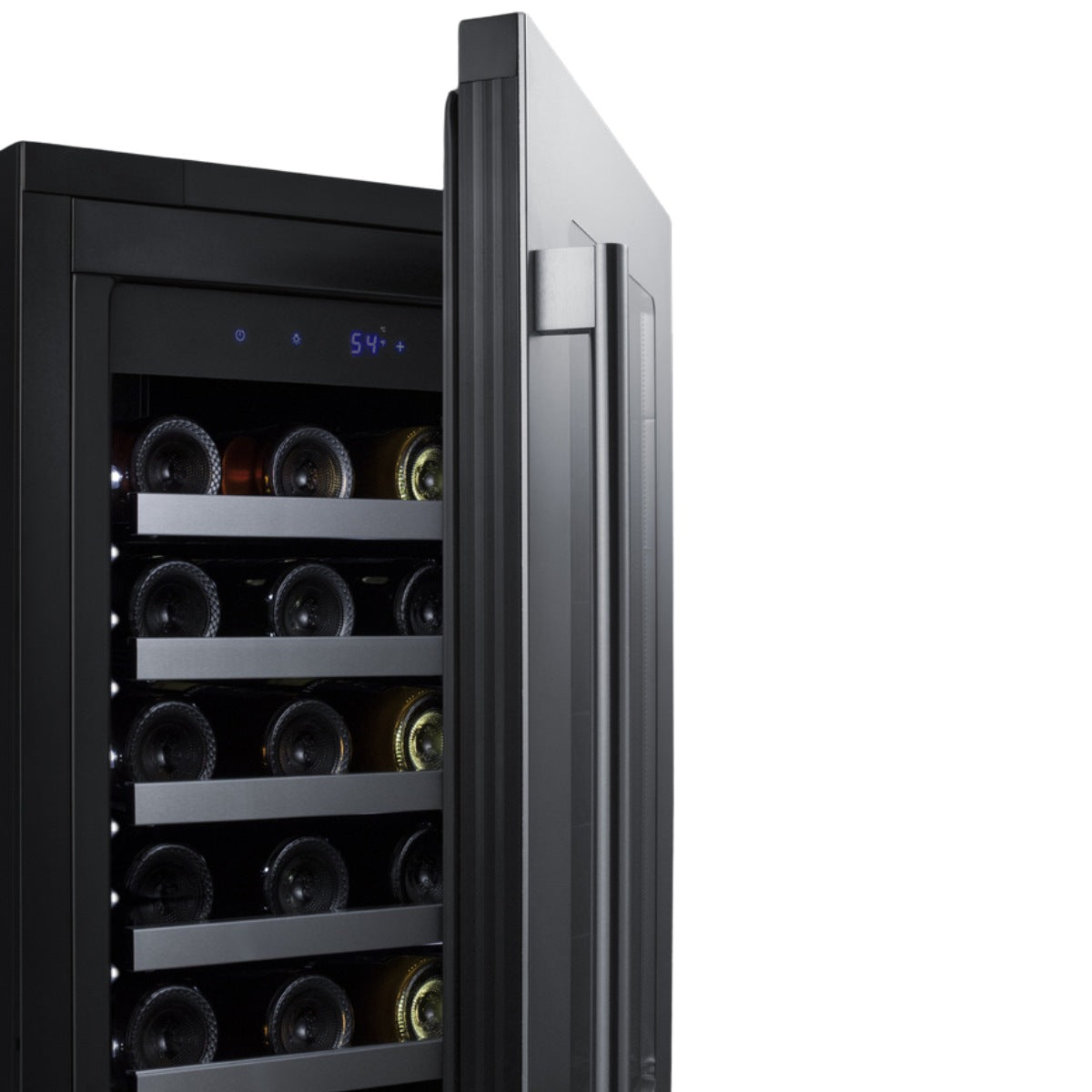 Summit 18″ Stainless Steel Built-In Wine Cellar – 29 Bottle - Side View Loaded Shelves Open Door
