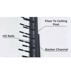 Ultra Floor-To-Ceiling Backer Channel - Close-up diagram of a wine rack system showing HZ Rails, Floor to Ceiling Post, and Backer Channel