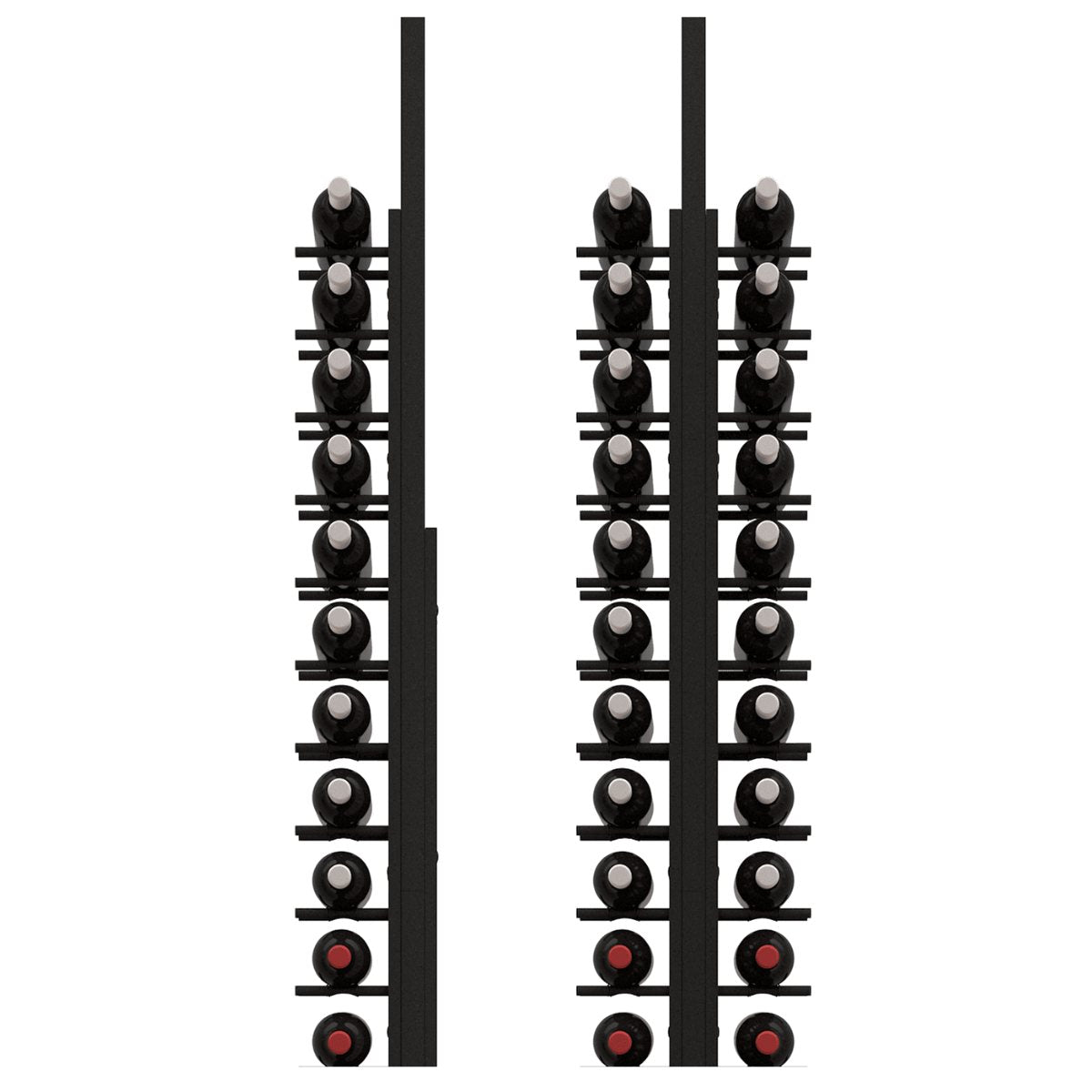 Ultra Floor-To-Ceiling Backer Channel - Dual floor-to-ceiling wine racks with black metal supports holding multiple bottles
