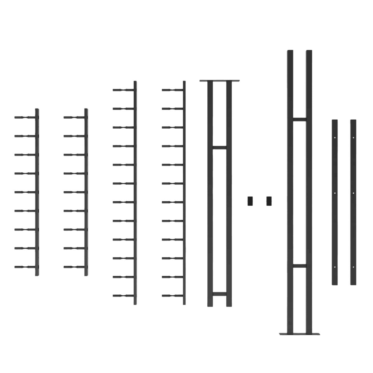 Ultra Floor-To-Ceiling Backer Channel - Wine rack system parts laid out, including rails, posts, and support channels