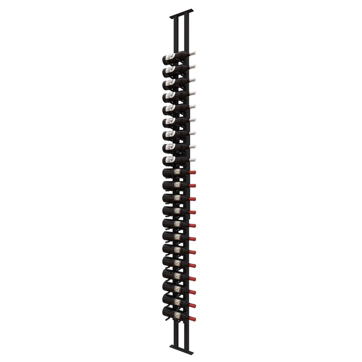 Ultra Floor-to-Ceiling Mounted 1-Sided Wine Rack Display (21 Bottles) - side view with wine bottles