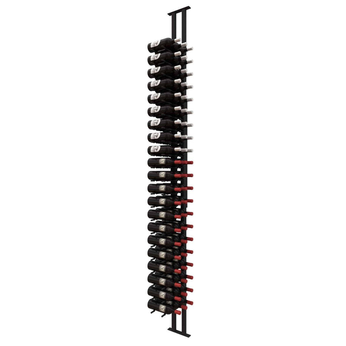Ultra Floor-to-Ceiling Mounted 1-Sided Wine Rack Display (63 Bottles) - side view with wine bottles
