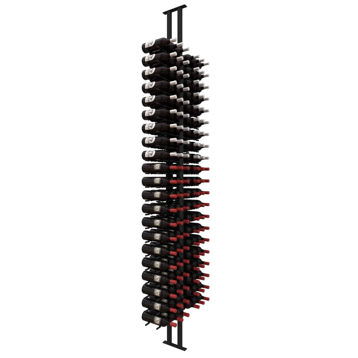 Ultra Floor-to-Ceiling Mounted 2-Sided Wine Rack Display (126 Bottles) - front  side view with wine bottles studio image