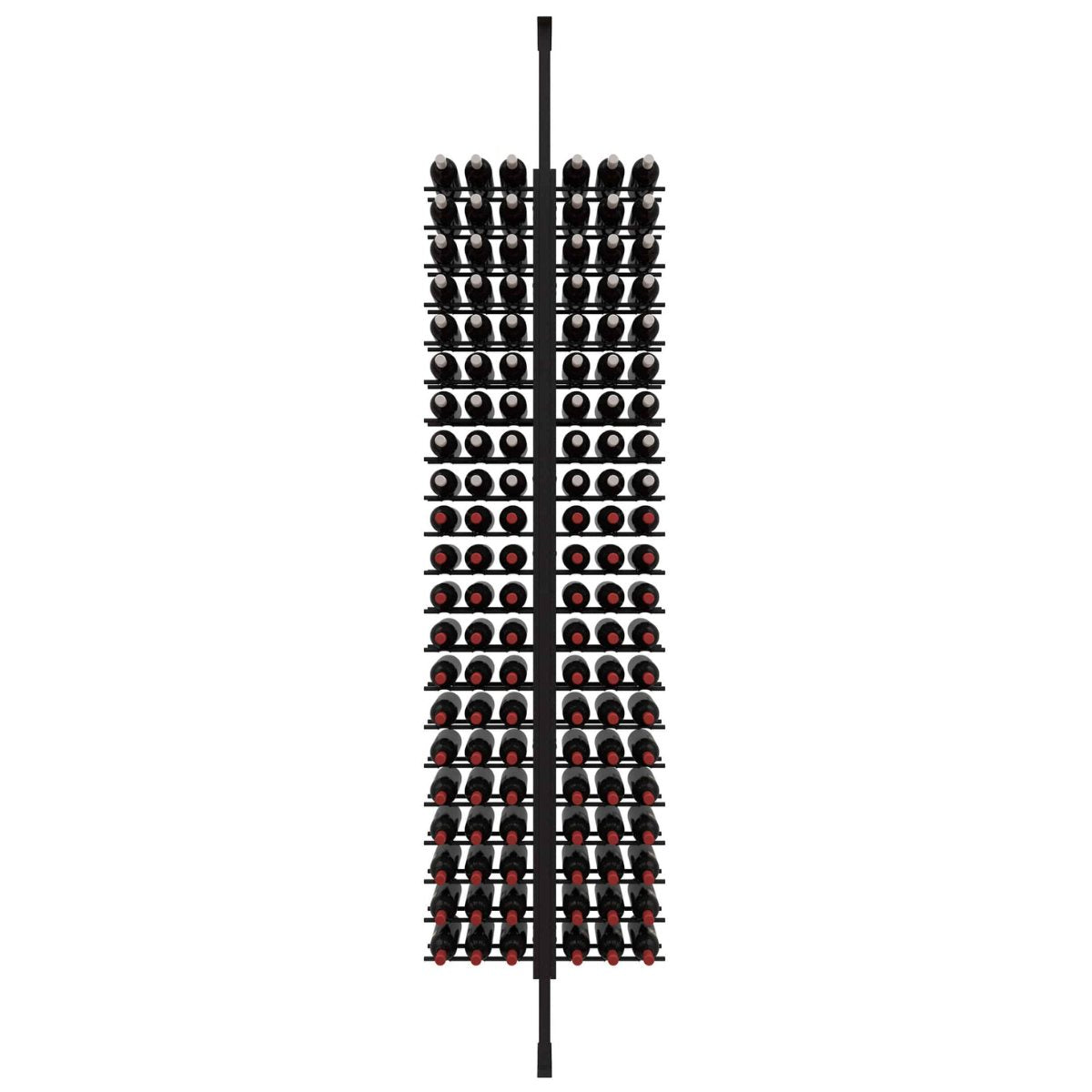 Ultra Floor-to-Ceiling Mounted 2-Sided Wine Rack Display (126 Bottles) - front view with wine bottles