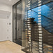 Ultra Floor-to-Ceiling Mounted 2-Sided Wine Rack Display (42 Bottles) - Modern glass wine cellar with wall-mounted racks holding bottles in a label-forward display