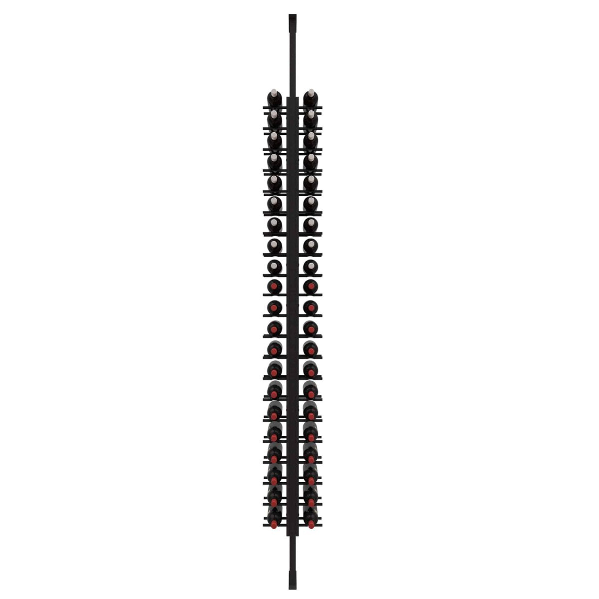Ultra Floor-to-Ceiling Mounted 2-Sided Wine Rack Display (42 Bottles) - front view with wine bottles