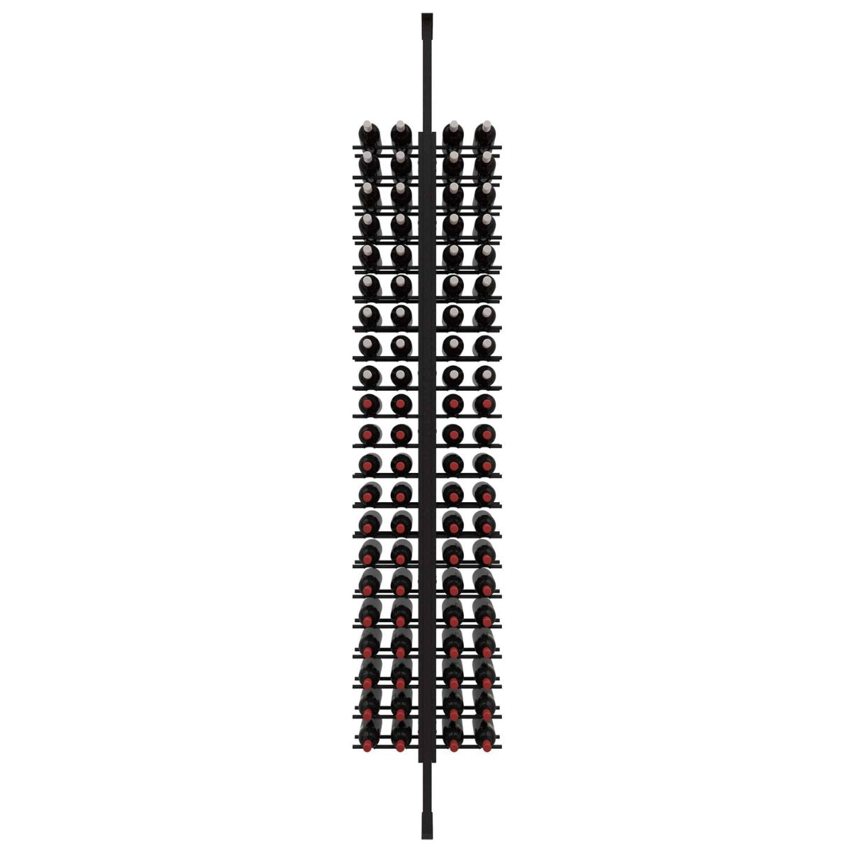 Ultra Floor-to-Ceiling Mounted 2-Sided Wine Rack Display (84 Bottles) - front view with wine bottles