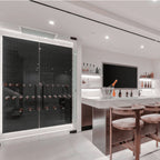Ultra Fusion 3FT Cork-Out Wine Wall Black Acrylic (27 Bottles) - Modern home bar with glass-enclosed wine cellar and backlit shelving