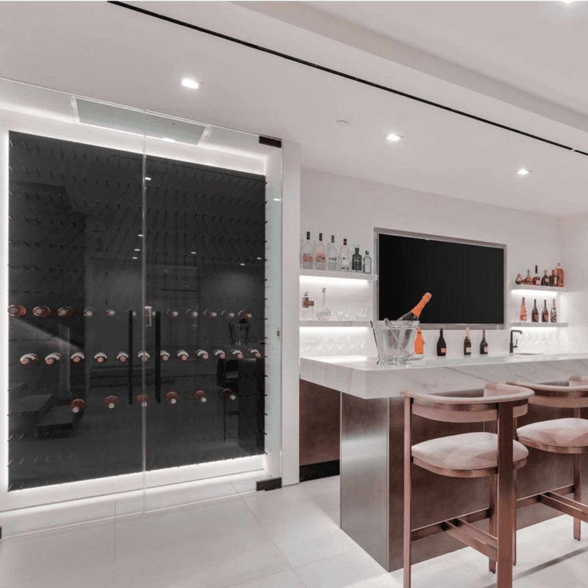 Ultra Fusion 3FT Cork-Out Wine Wall Black Acrylic (27 Bottles) - Modern home bar with glass-enclosed wine cellar and backlit shelving