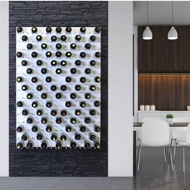 Ultra Fusion 3FT Cork-Out Wine Wall White Acrylic (27 Bottles) - Wall-mounted wine rack with diagonal rows of bottles on white panel against dark stone wall